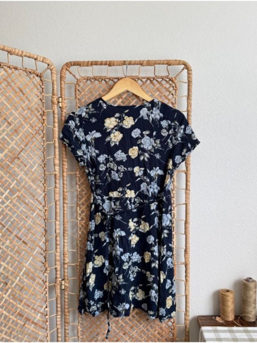 Vintage 90s DBY Navy Floral Wrap Mini Dress V Neck Tie Back - Picture 3 of 5
